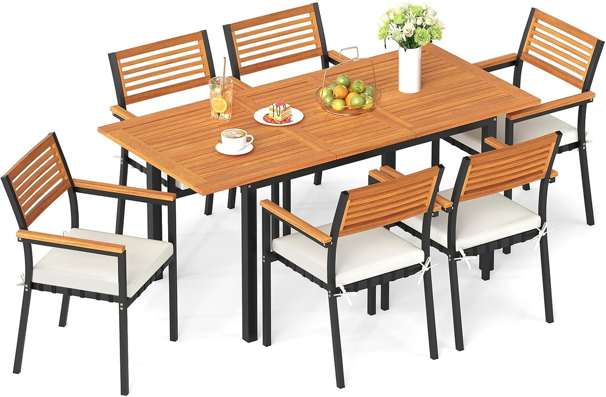 Conjunto de jardim, COSTWAY, com 6 Cadeiras, 130 cm, 170 cm, 5 cm, 23,9 kg, dobrável, madeira, Natural, para jardim e exterior