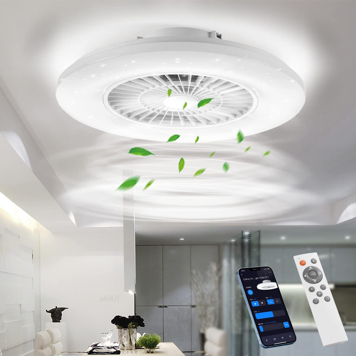 Ventoinha de teto com luz, BKZO, 60CM, 40 W, 20 W, com comando à distância, Branco, para uso diário