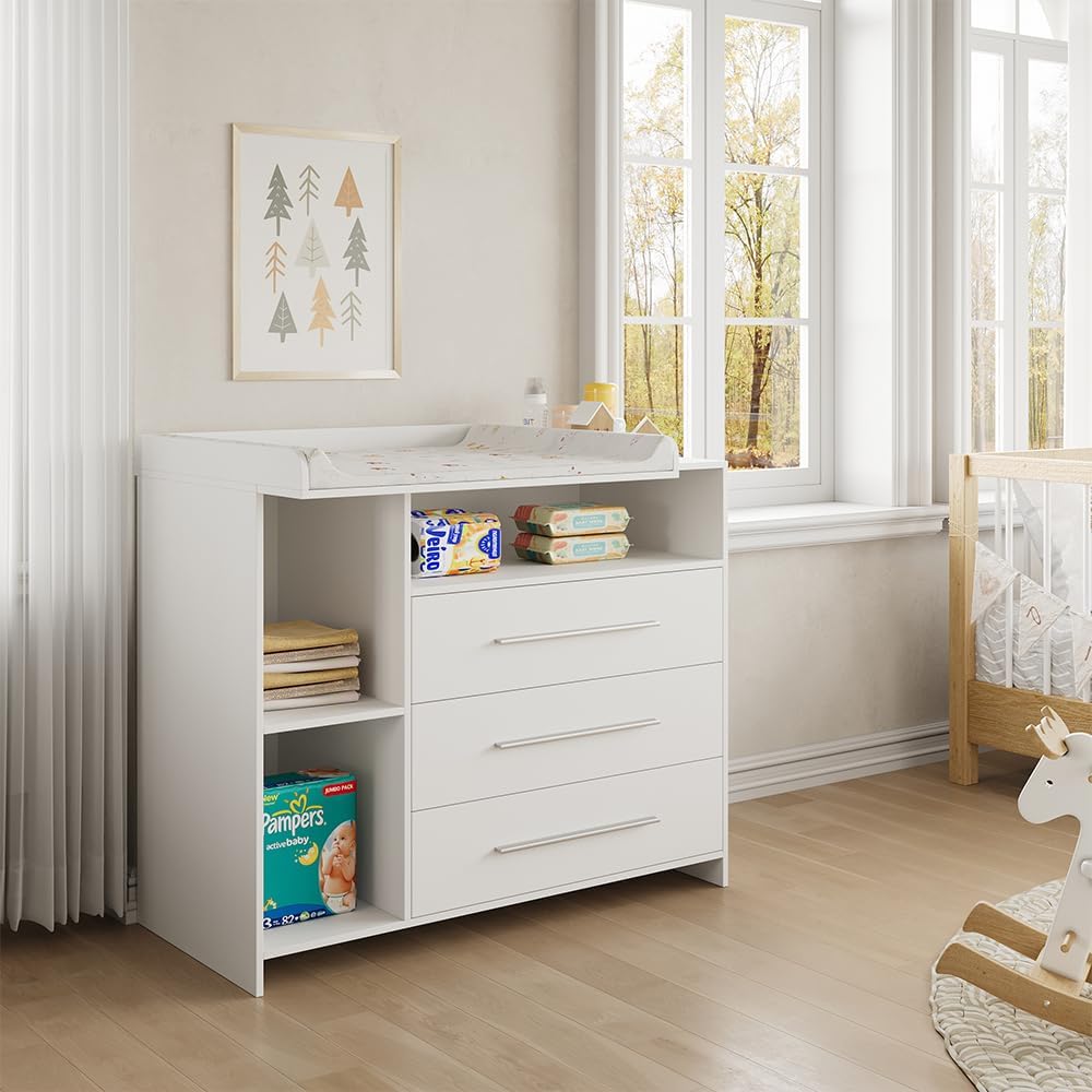 Cómoda, Vicco, 93.5 cm, 110 × 93.5 cm, com gavetas, com prateleiras, Branco, para o quarto