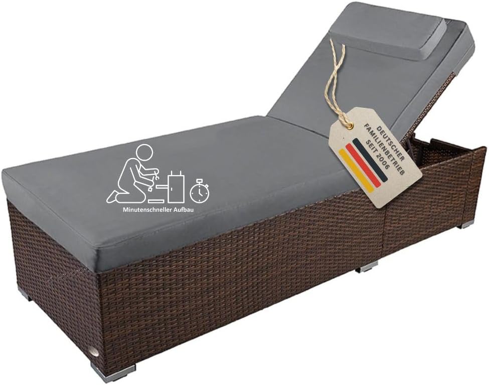 Espreguiçadeira, RS Trade, Sonnenliege, 200kg, 12 cm, 70 cm, 52 cm, 200 × 70 cm, regulável, com rodas, ratã, Castanho / Cinzento, para uso diário