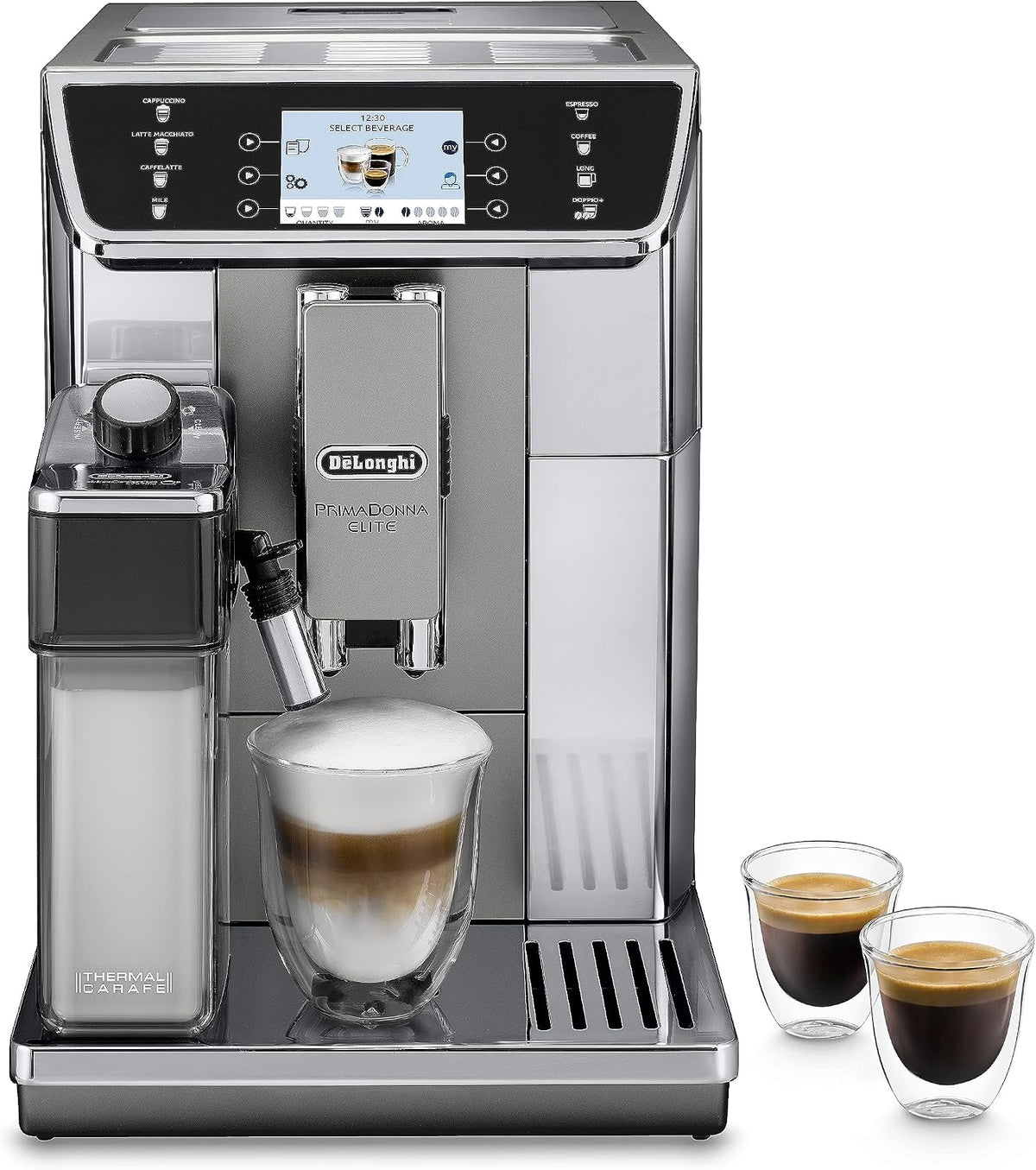Máquina de café automática, De'Longhi, PrimaDonna, 3,5 ', 200 g, com controlo por aplicação, aço inoxidável, aço, Prateado, para a cozinha