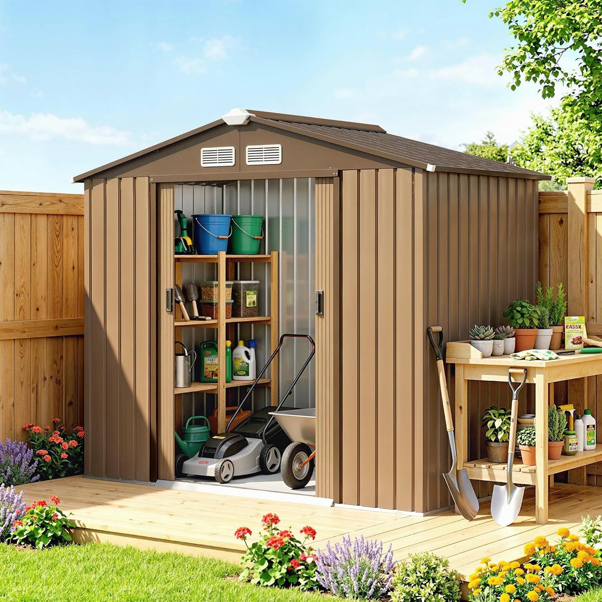 Abrigo de jardim, Outsunny, 213 × 130 × 185 cm, 116,7 kg, 203 × 117 × 185 cm, aço, Multicolor, para jardim e exterior