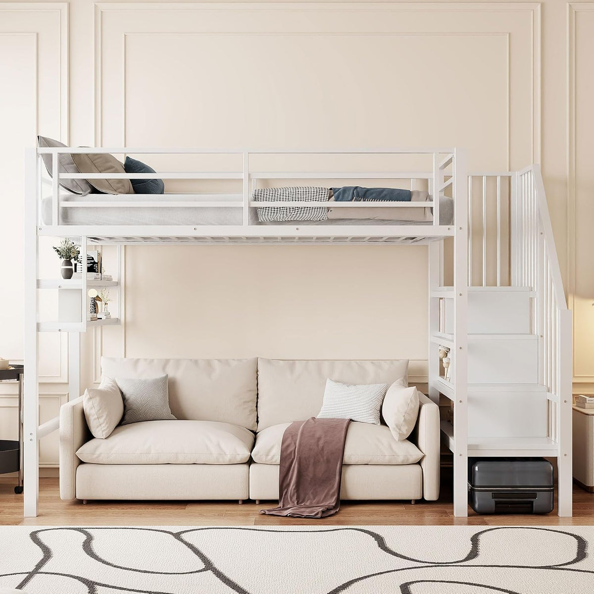 Cama, Moimhear, 200 cm, 90 × 200 cm, com prateleiras, sem colchão, aço, madeira, Branco, para o quarto