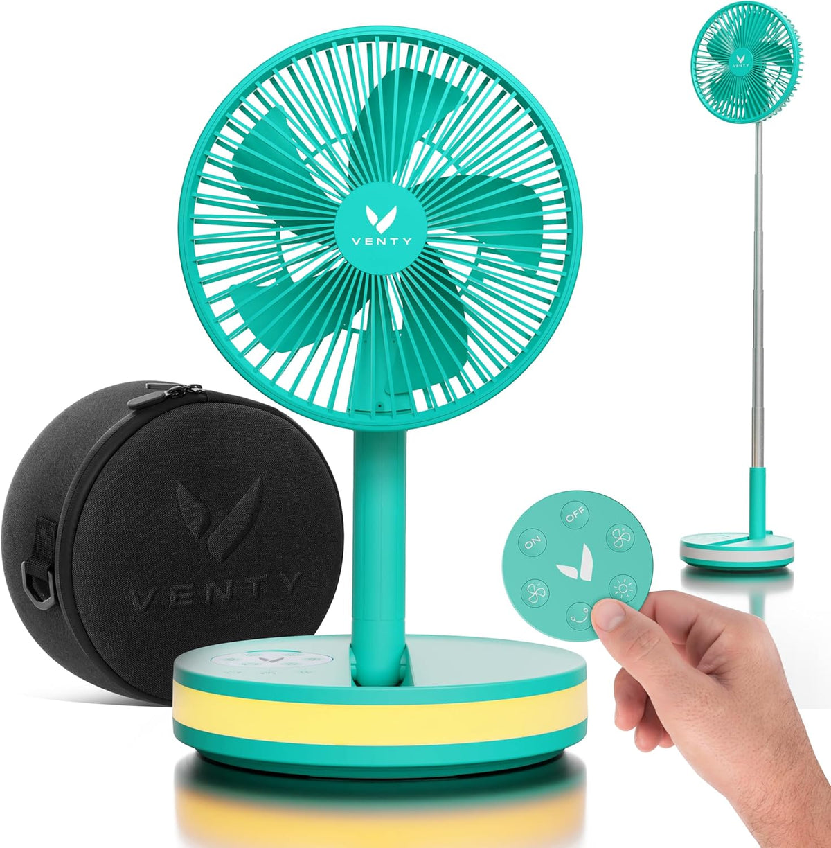 Ventoinha, VENTY, Tragbarer, 1,2 kg, dobrável, com iluminação LED, com comando à distância, Türkis / Preto, para uso diário