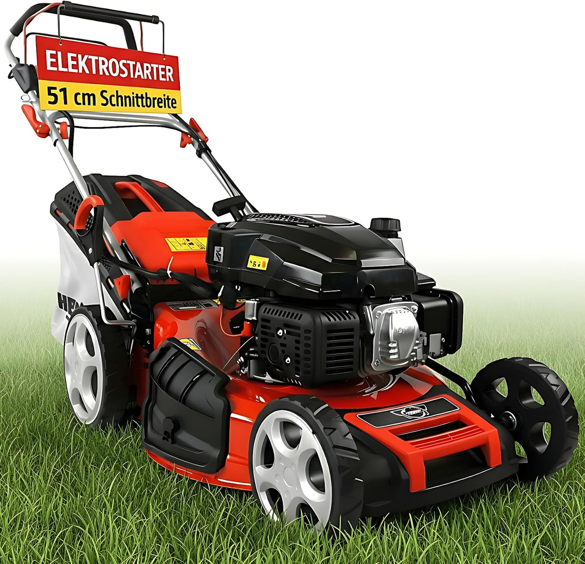 Corta-relva, Hecht, 5-IN-1, 4,0 kW, 5,5 PS, 51 cm, 65 l, com rodas, Preto / Vermelho / Prateado, para utilização no exterior