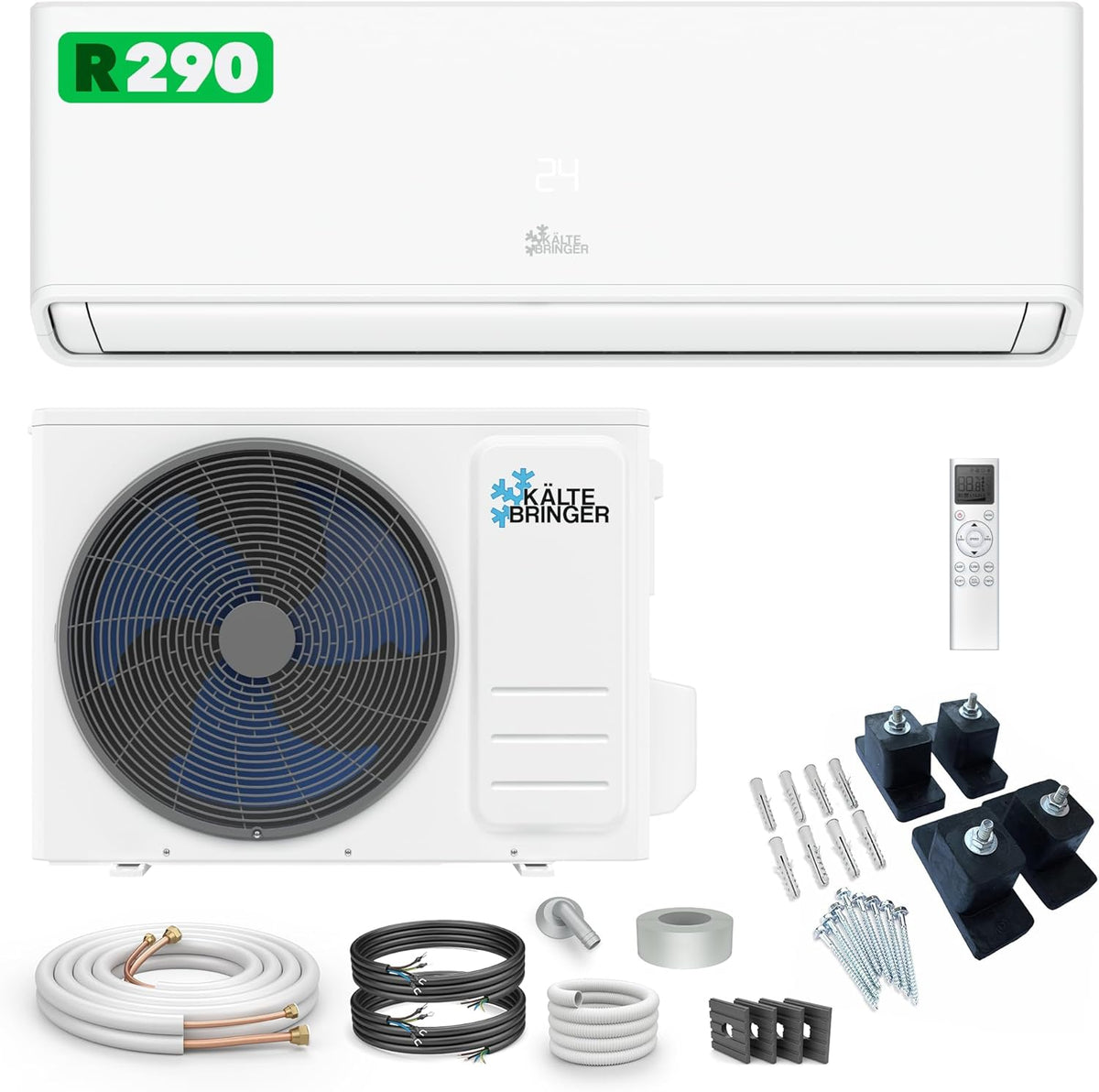 Ar condicionado split, Kältebringer, R290, 3,7 kW, 19dB, com comando à distância, com temporizador, com controlo por aplicação, Branco / Azul / Preto