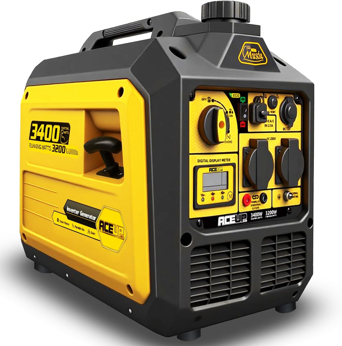 Gerador elétrico, Aceup Energy, 3400W, 23kg, 3200W, 230V, 12V, Amarelo / Preto, para trabalhos de manutenção