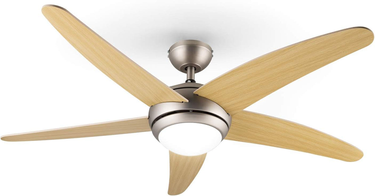 Klarstein, Ventoinha de teto com luz, Bolero, 134cm, 55W, 50 dB, 60W, com comando à distância, madeira, Ahorn / Prateado, para uso diário