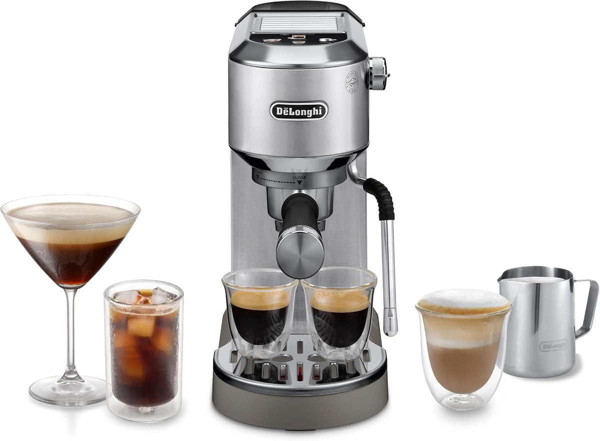 Máquina de café expresso, De'Longhi, Dedica, 15cm, altura regulável, regulável, metal, Prateado / Preto, para a cozinha