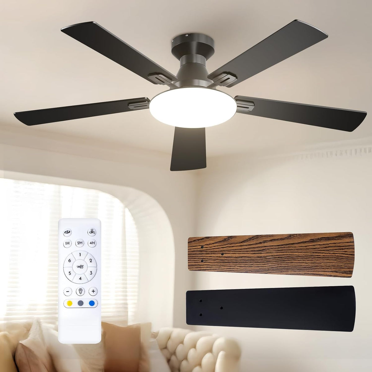 Ventoinha de teto com luz, Passky, 132cm, 35 dB, 6 níveis, com comando à distância, com temporizador, Preto / Castanho, para uso diário