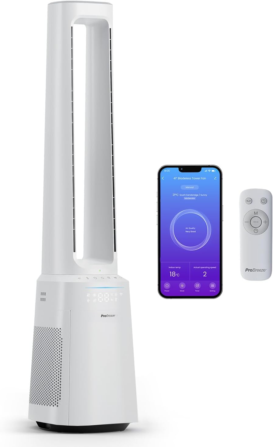 Ventoinha de torre, Pro Breeze, OmniAir, 105cm, com comando à distância, com temporizador, com controlo por aplicação, Branco, para uso diário