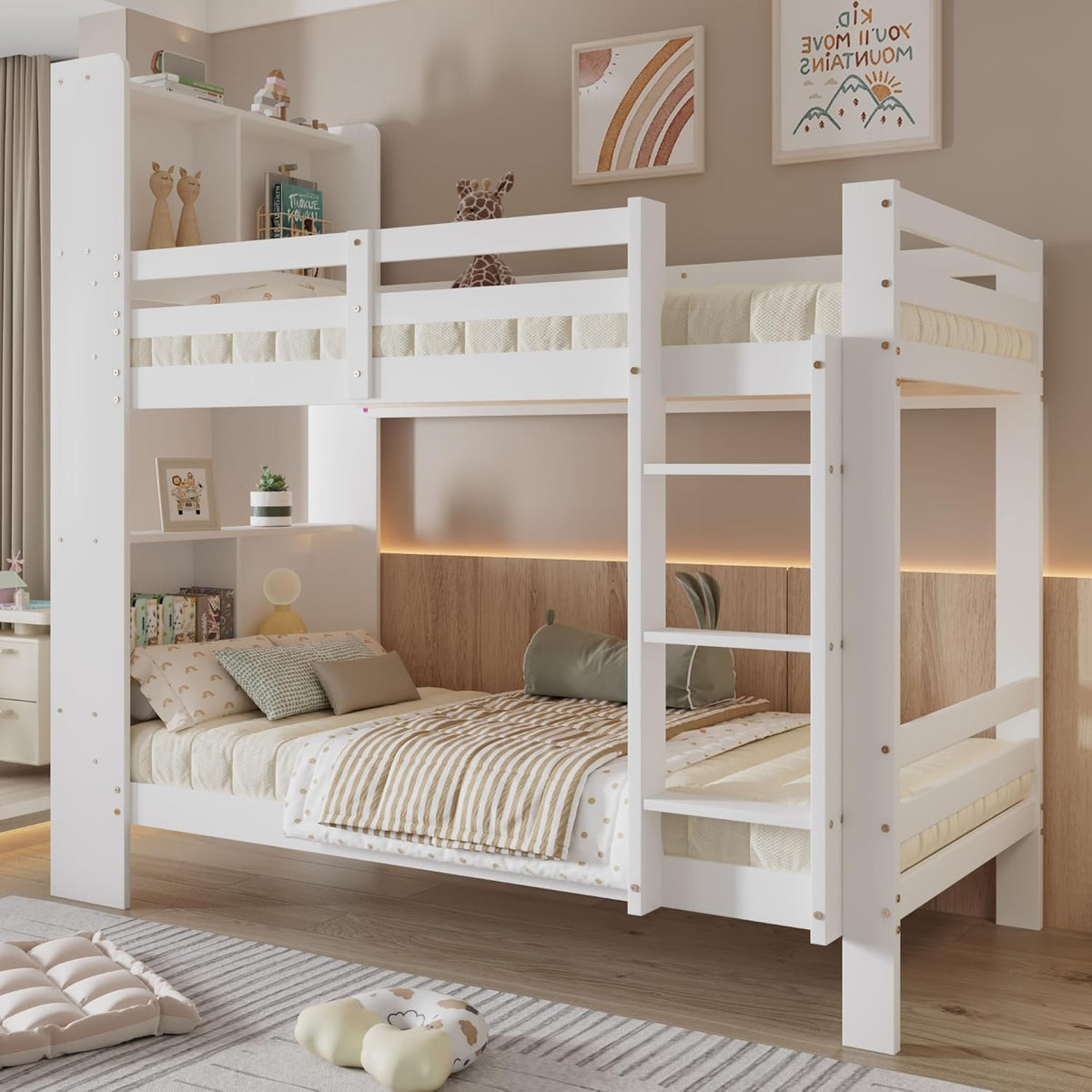 Cama, TZCIN, 173 cm, 217 × 98 × 173 cm, 90 × 200 cm, com prateleiras, sem colchão, madeira, painel de madeira, Branco, para o quarto