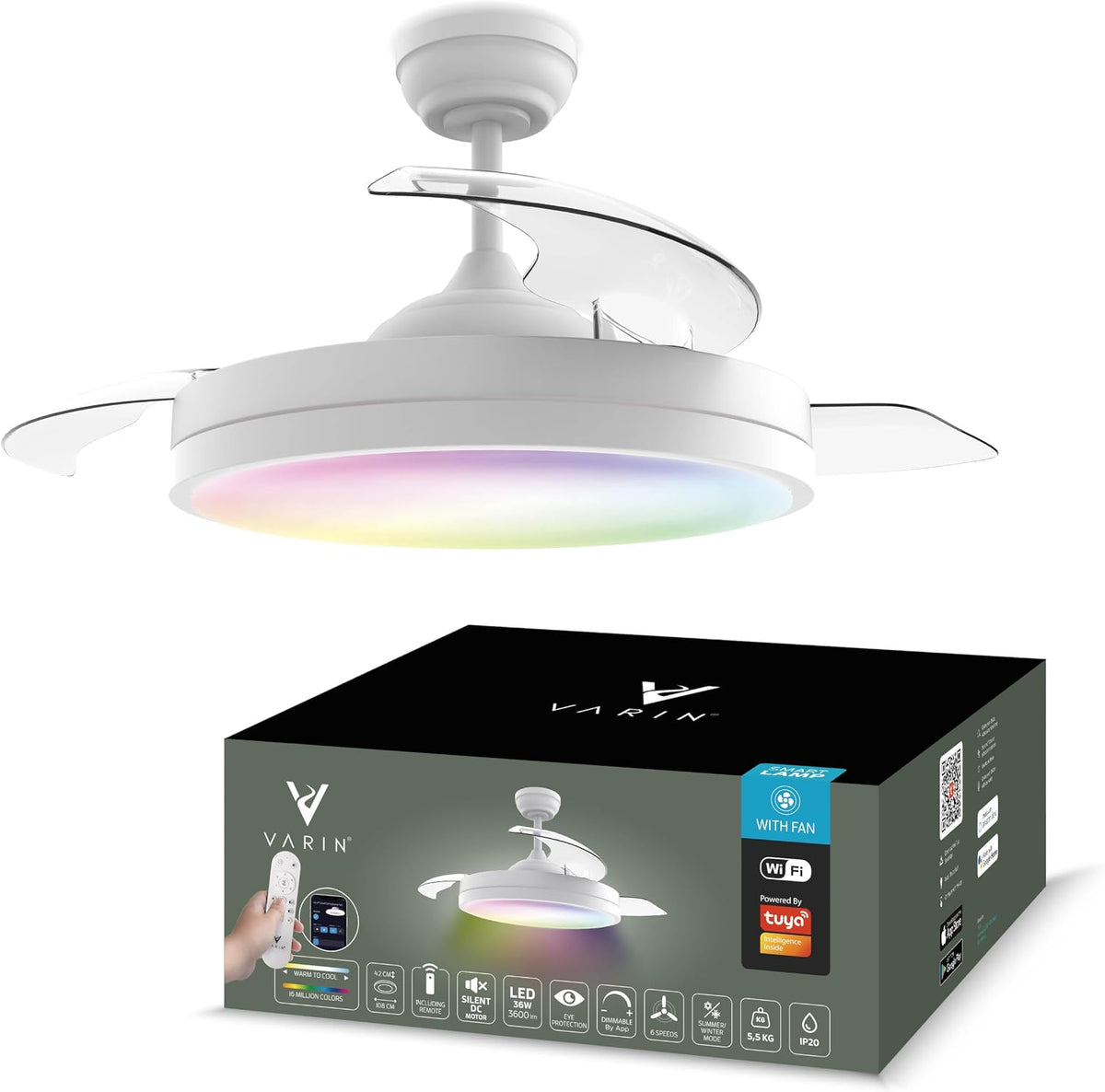 Ventoinha de teto com luz, Varin, Smart, 20dB, 36W, 50 cm, 108 cm, dobrável, com comando à distância, com temporizador, Branco, para uso diário