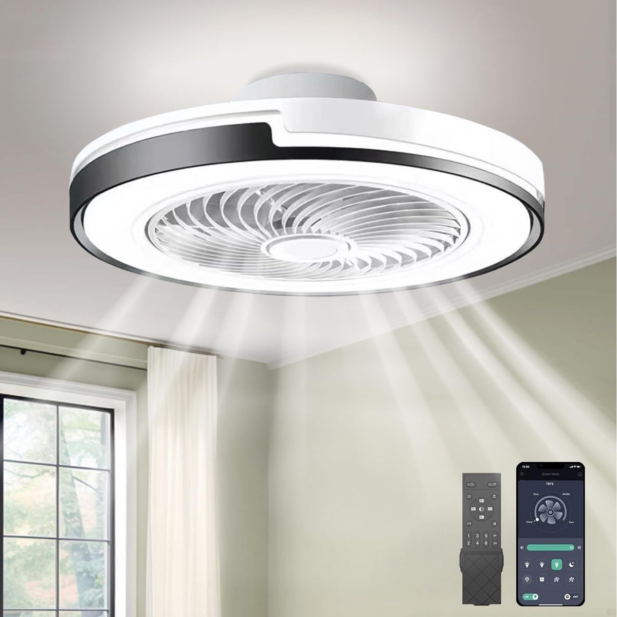 Ventoinha de teto com luz, ANZHUANG, 50cm, 5 L, 6níveis, com comando à distância, com temporizador, Preto / Branco, para uso diário