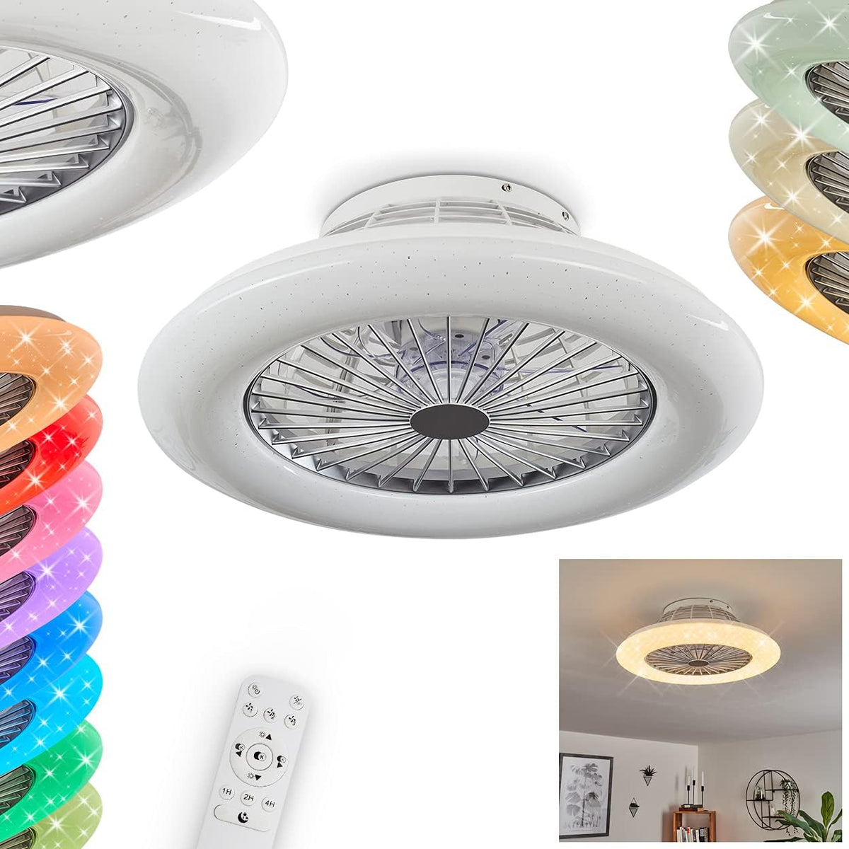 Ventoinha de teto com luz, HOFSTEIN, 18 cm, 50 cm, 22 cm, classe energética F, com iluminação LED, com comando à distância, com temporizador, plástico