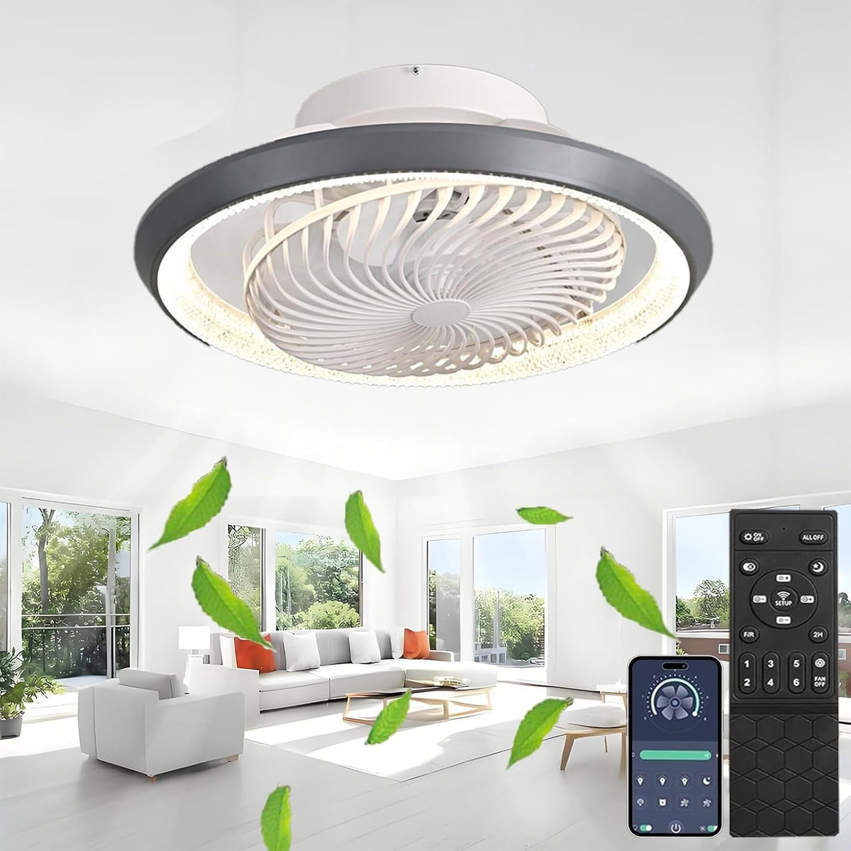 Ventoinha de teto com luz, TJSC, 49cm, 72W, com comando à distância, Cinzento / Branco, para uso diário