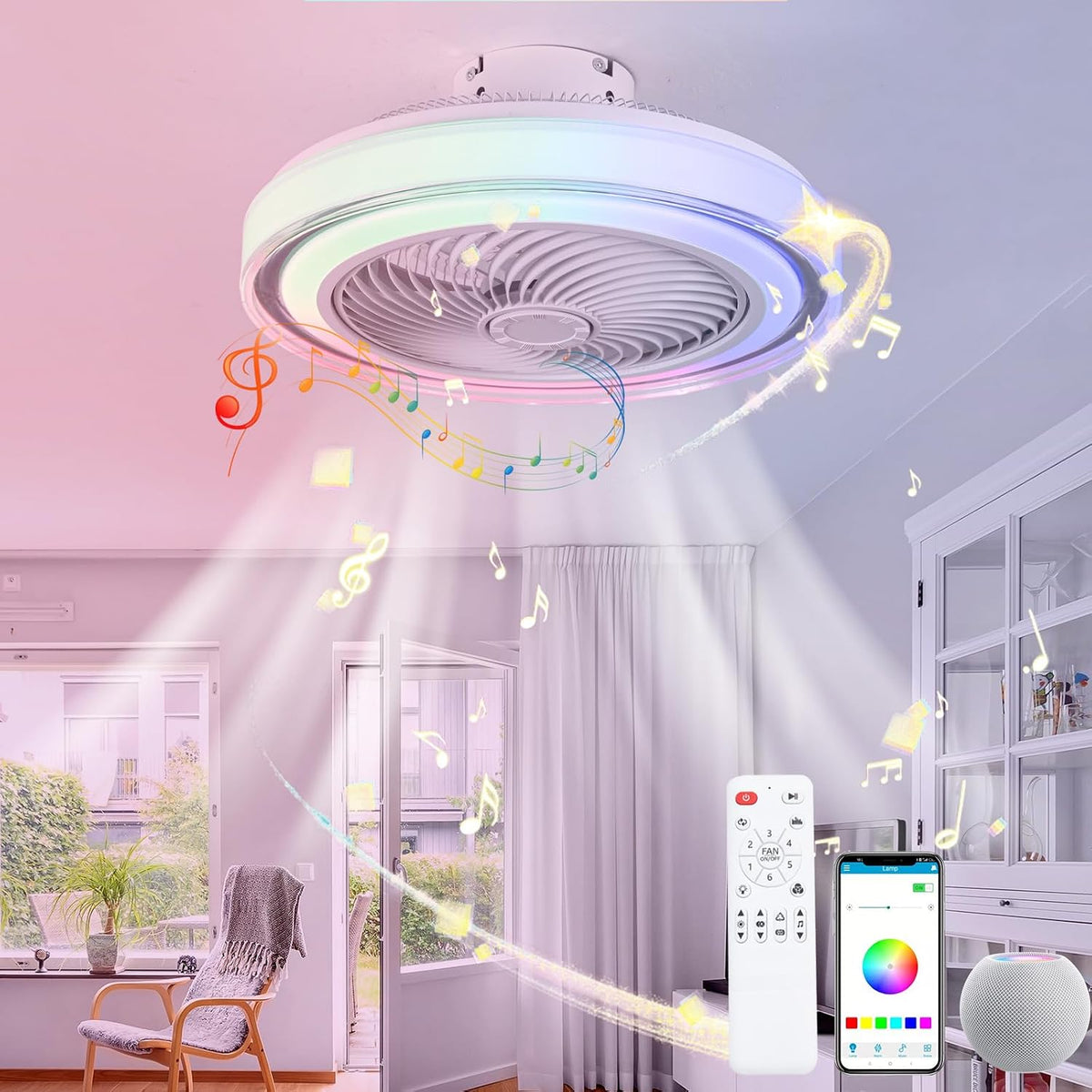 Ventoinha de teto com luz, Luyaim, 30 dB, com comando à distância, Branco / Mehrfarbig, para uso diário