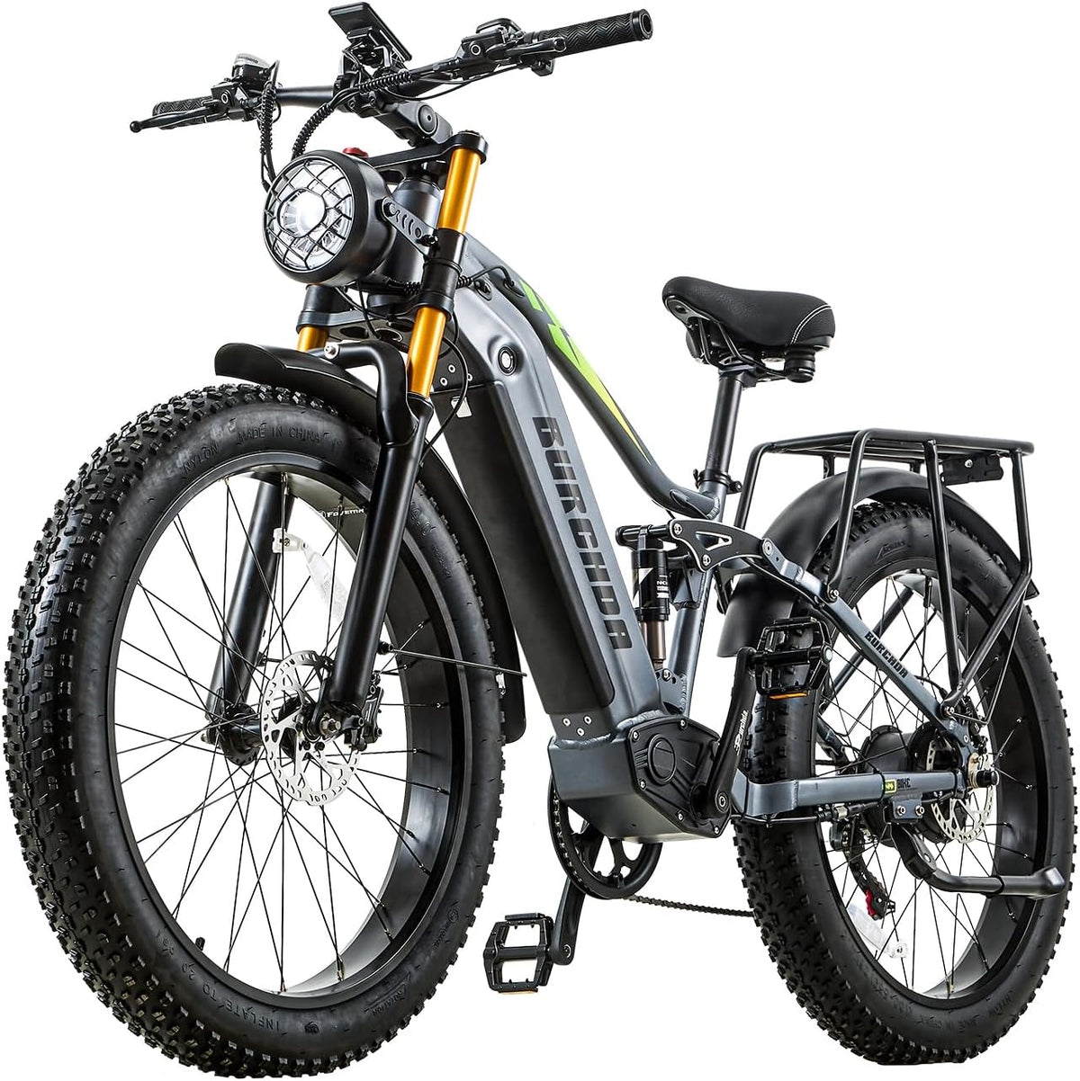 Bicicleta, BURCHDA, 48V, 20Ah, 250W, 25 km/h, com iluminação LED, com rodas, alumínio, Preto / Cinzento / Dourado, para uso diário