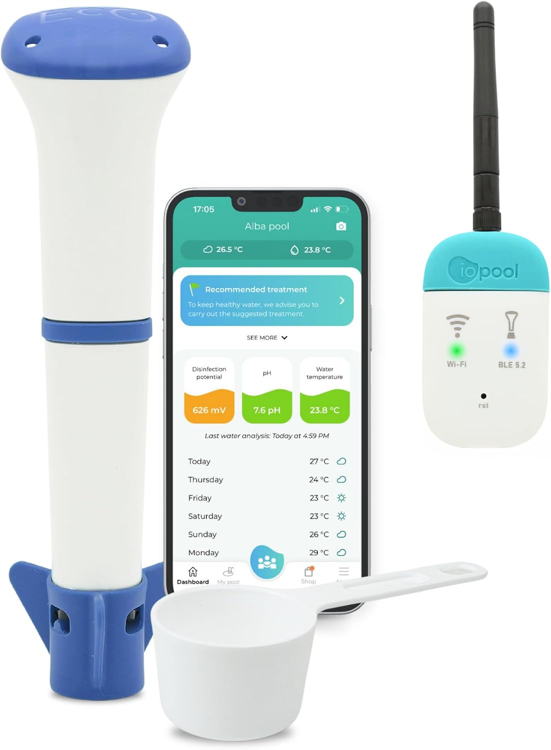 Medidor de qualidade da água, iopool, com controlo por aplicação, Azul / Branco, para uso diário