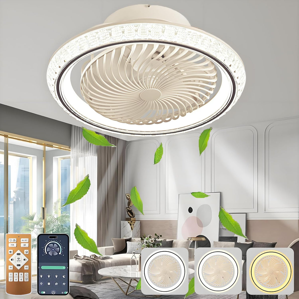 Ventoinha de teto com luz, AJZXQM, 75W, com comando à distância, Branco / Bege, para uso diário