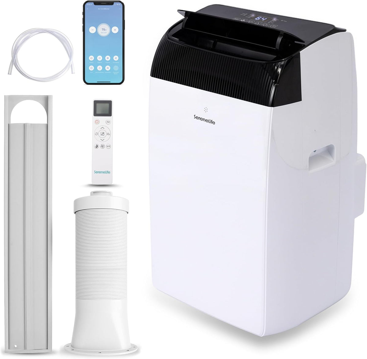Ar condicionado portátil, SereneLife, Klimaanlage, 4,10 kW, 23,7 L, 54 dB, 68,8 cm, 41,9 × 35,7 × 68,8 cm, com temporizador, com rodas, Branco / Preto