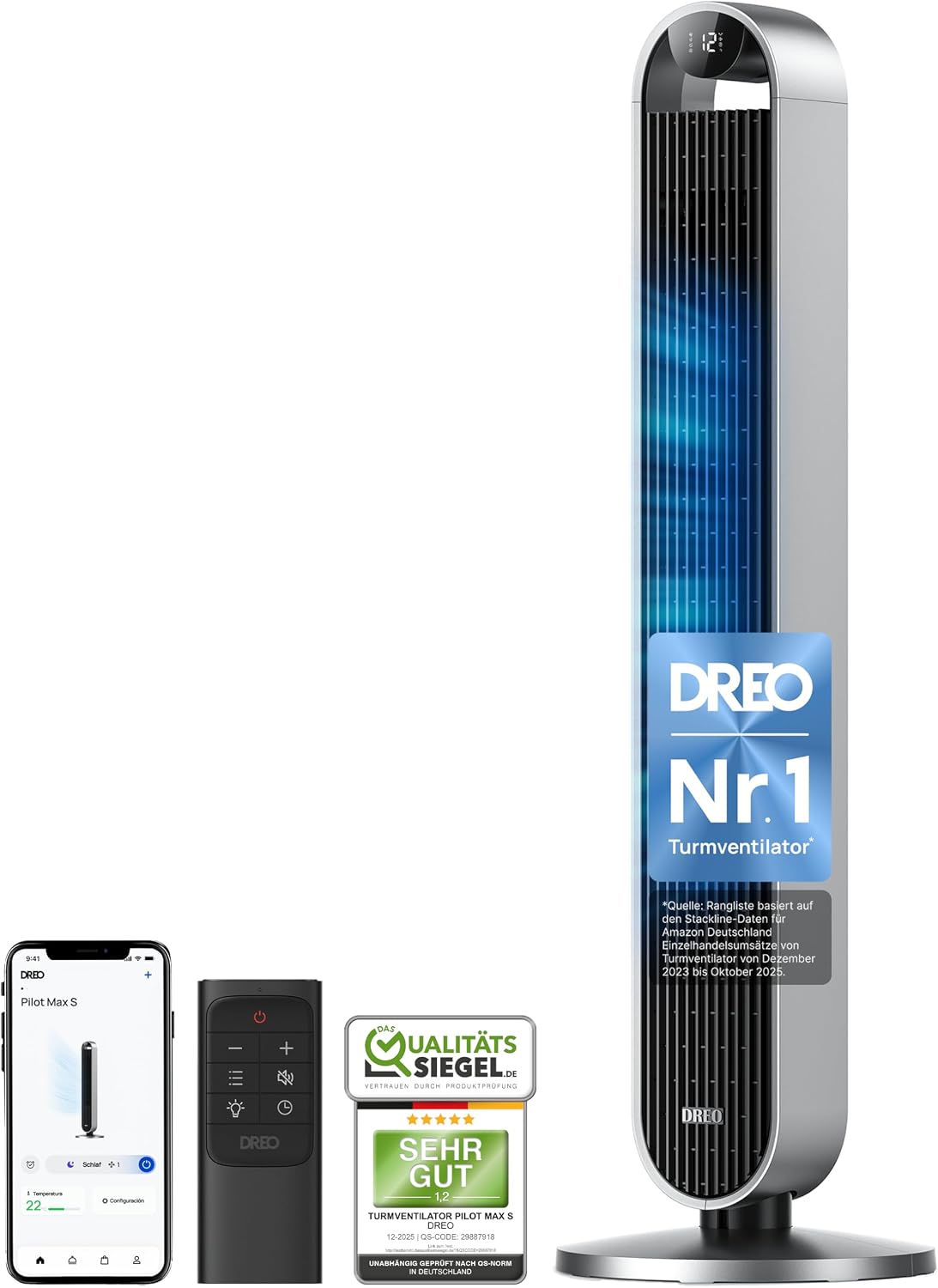 Ventoinha de torre, DREO, Smart, 25dB, 12 níveis, com comando à distância, com temporizador, Preto / Prateado, para uso diário