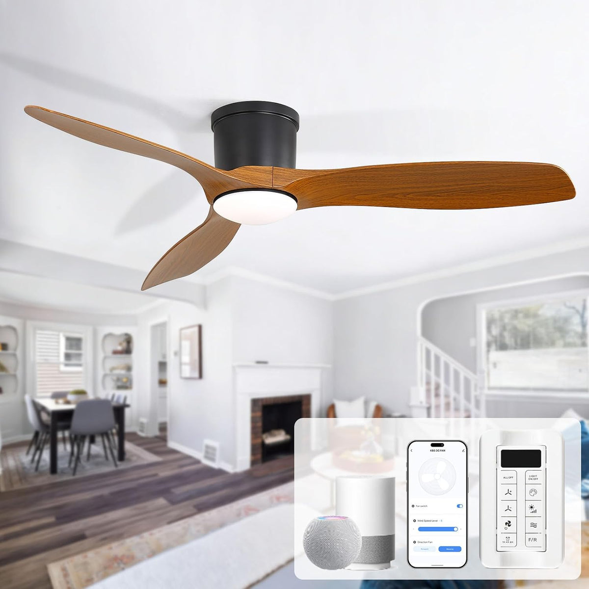 Ventoinha de teto com luz, Sofucor, Smart, 132cm, 20 dB, com comando à distância, com temporizador, com controlo por aplicação, para uso diário