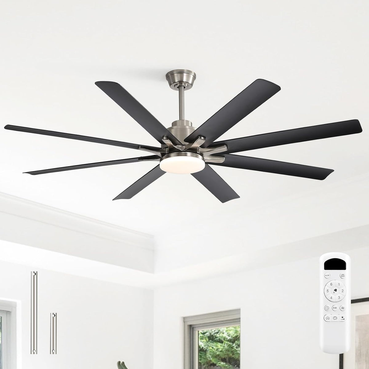 Ventoinha de teto com luz, Sofucor, 132cm, 20 dB, com comando à distância, com temporizador, Preto / Prateado, para uso diário