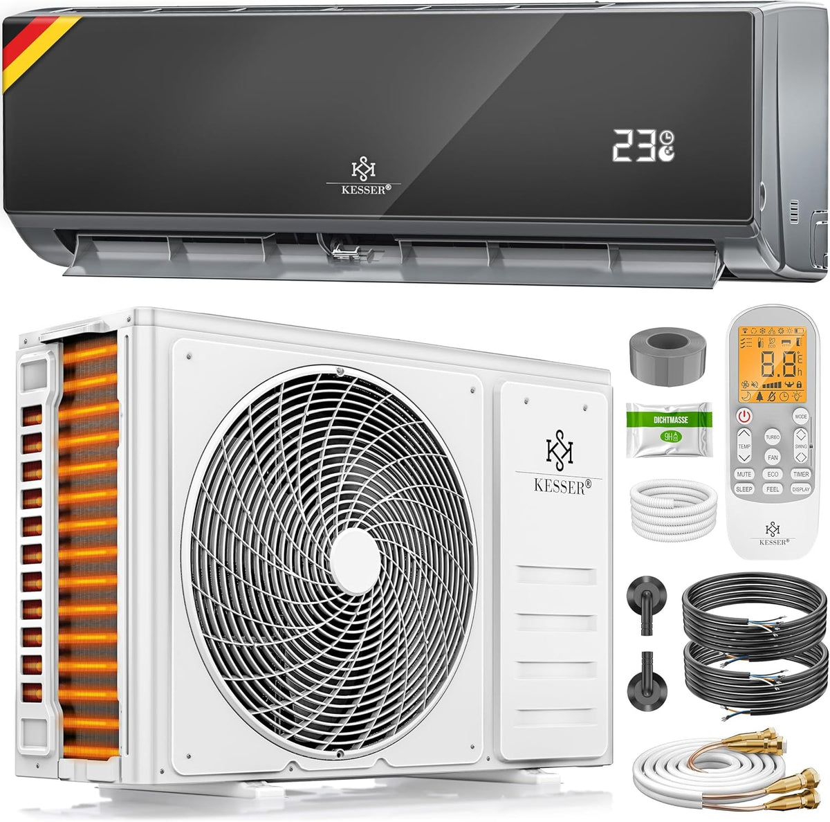 Ar condicionado split, KESSER, Split, 3,4 kW, 2600 W, 3400 W, com controlo por aplicação, Preto / Branco, para uso diário