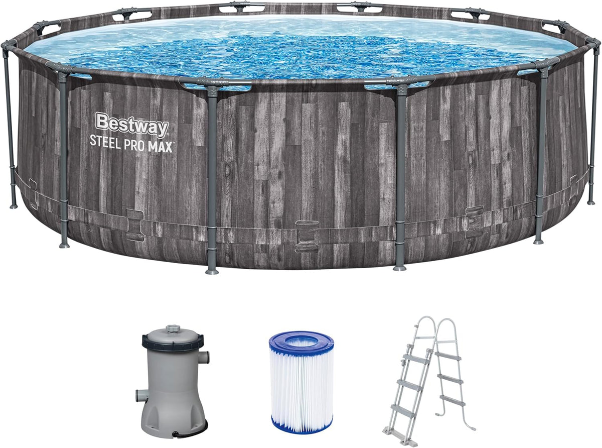 Piscina com estrutura metálica, Bestway, Steel, 100 cm, 366 × 100 cm, 2.006 l/h, 240 V, 12 V, aço, madeira, Cinzento / Azul / Branco