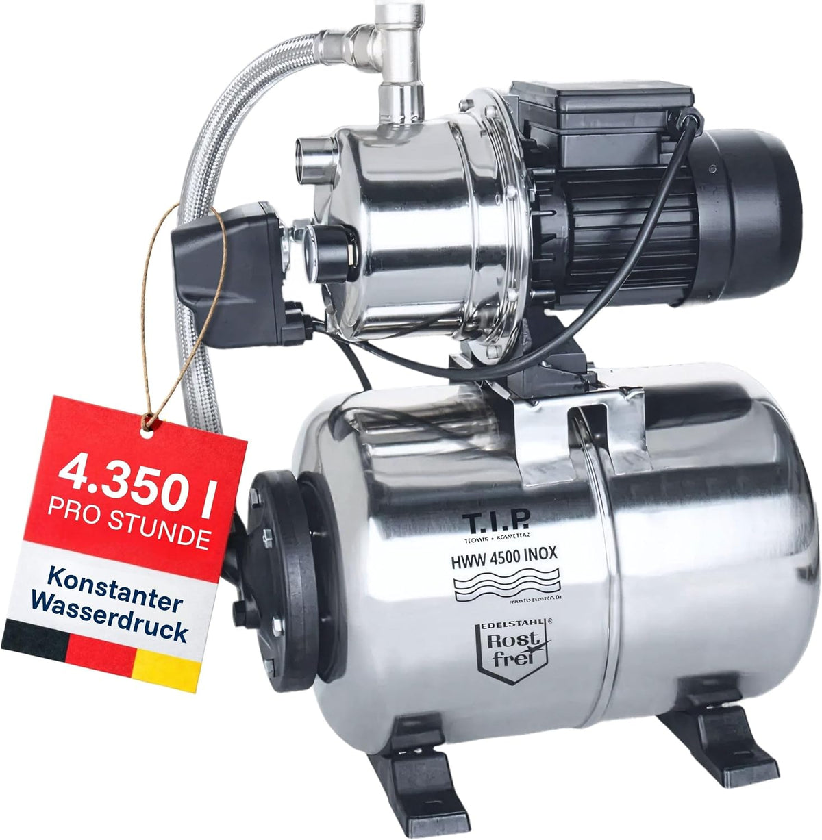 Grupo de pressão de água, T.I.P., 1200 W, 4350 l/h, 5 bar, 22 L, aço inoxidável, aço, Prateado / Preto, para uso diário