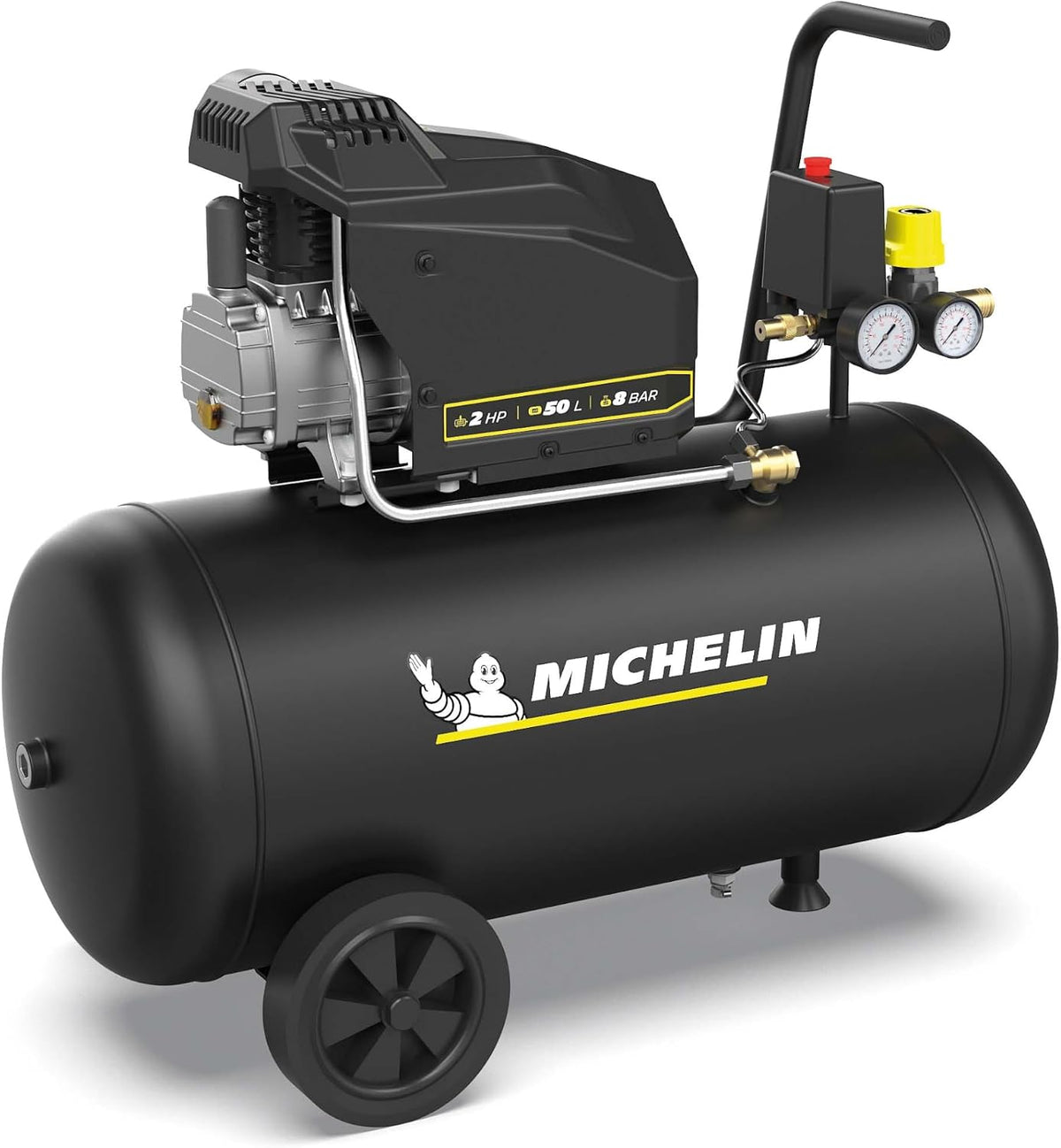 Compressor de ar, MICHELIN, 2 L, 2 PS, 8 bar, 195 l, com rodas, aço, Preto, para trabalhos de manutenção