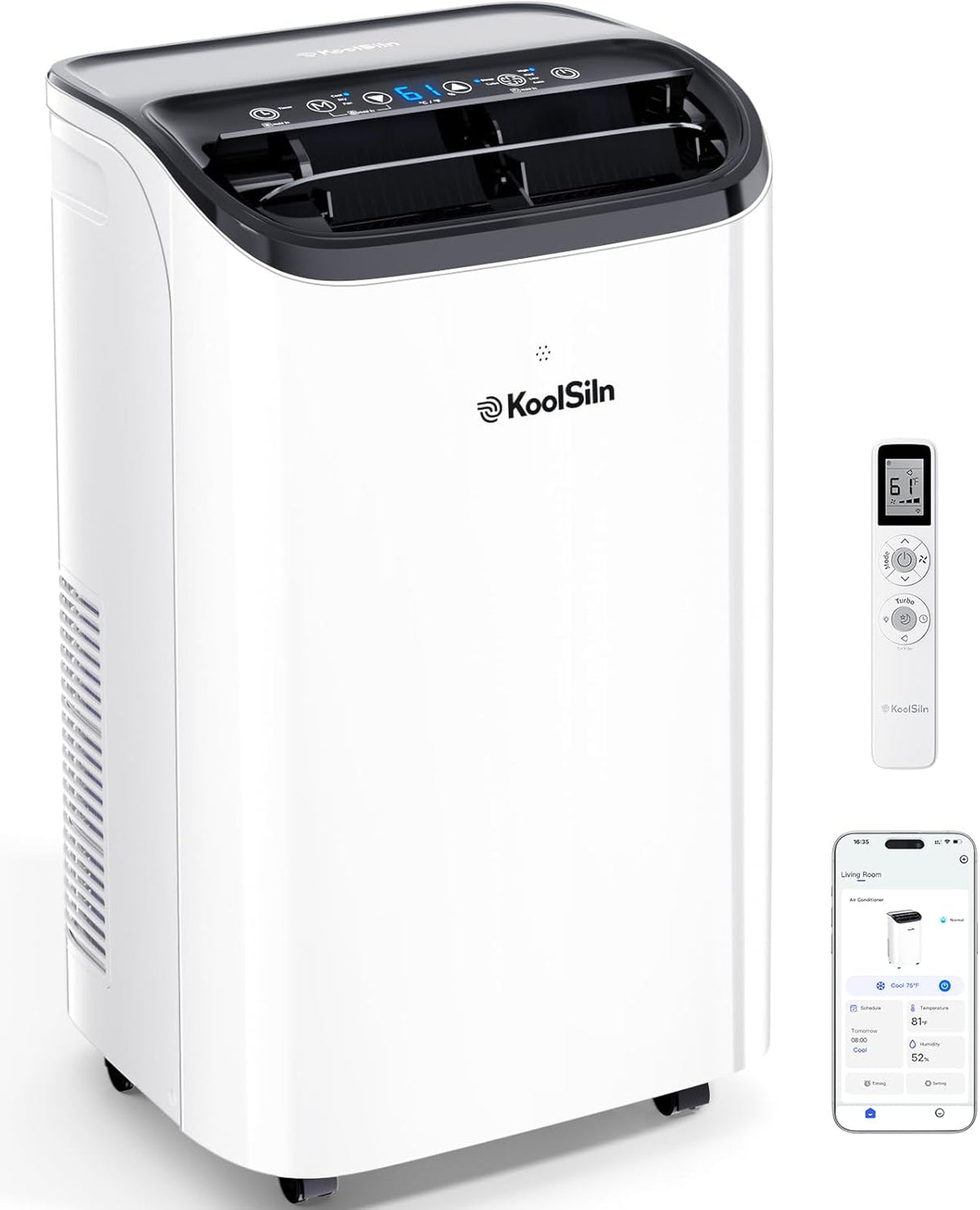 Ar condicionado portátil, KoolSiln, 48dB, com temporizador, com controlo por aplicação, Branco / Preto, para uso diário