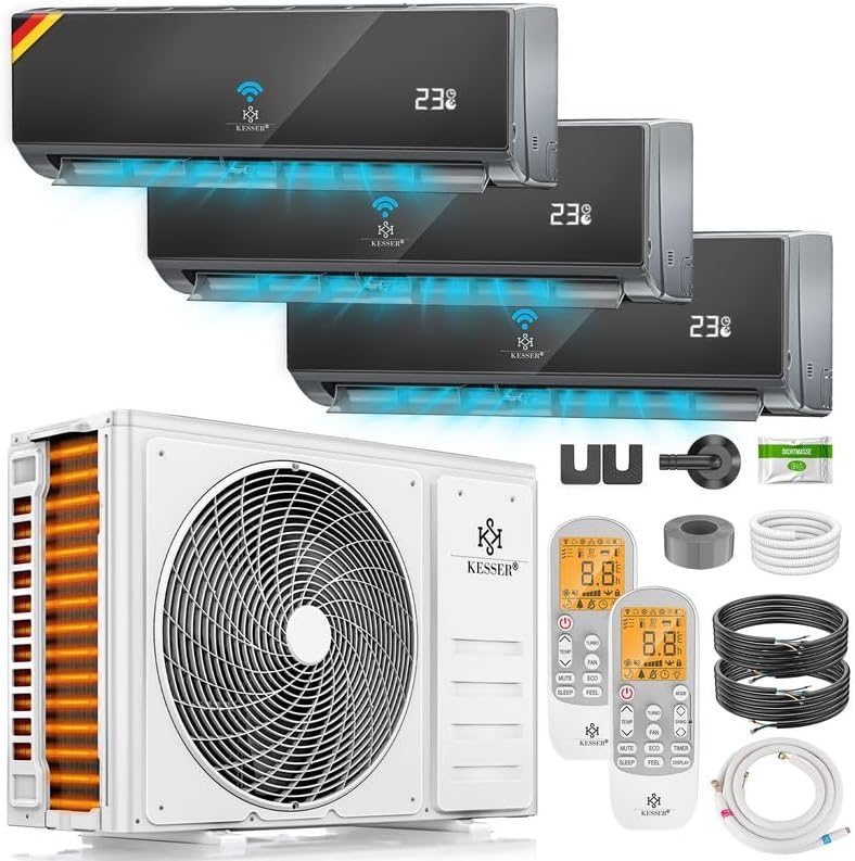 Ar condicionado split, KESSER, Multisplit, 5000W, 7500W, com comando à distância, com controlo por aplicação, Preto / Branco, para uso diário