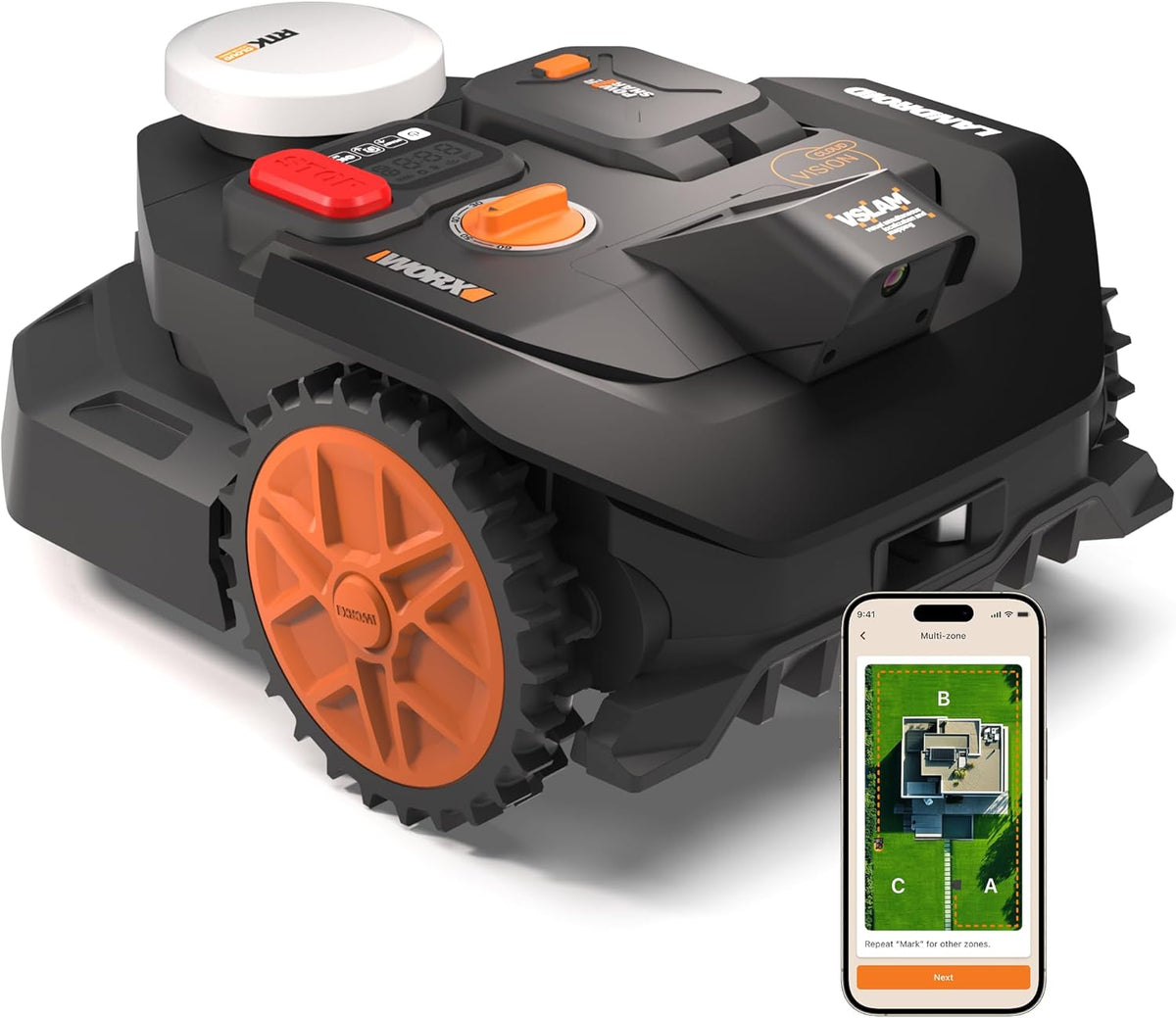 Robô corta-relva, WORX, Landroid, com controlo por aplicação, Preto / Laranja, para utilização no exterior
