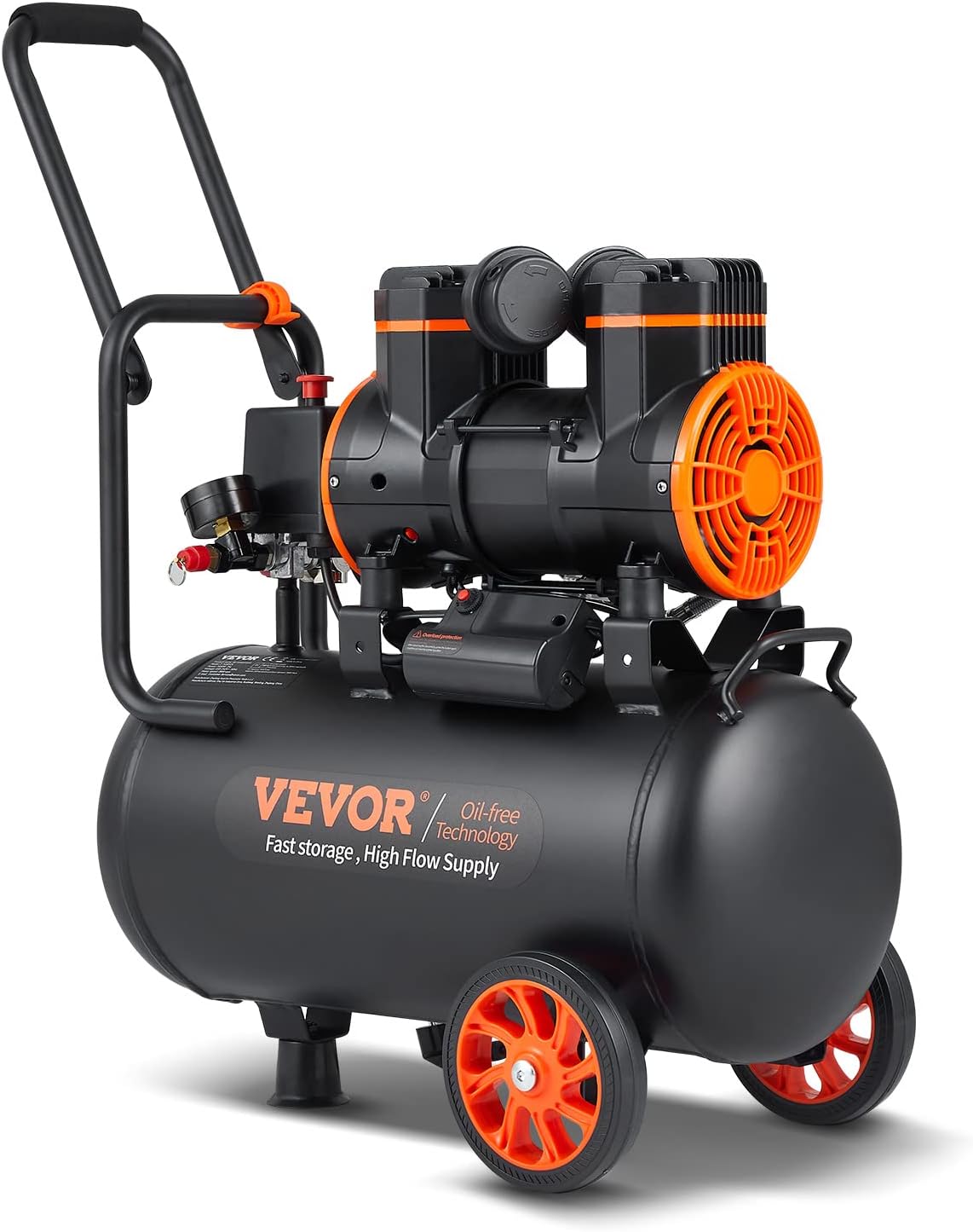 VEVOR, Compressor de ar, Kompressor, 24L, 1450W, 2PS, 2800U/min, com rodas, aço inoxidável, aço, Preto / Laranja, para trabalhos de manutenção
