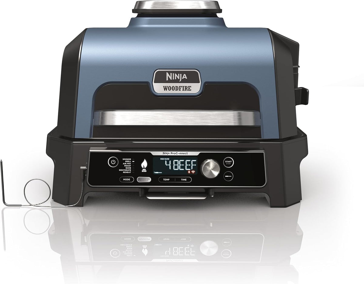 Defumador, Ninja, Woodfire, 3 kg, 18 kg, resistente à água, com controlo por aplicação, madeira, Azul / Preto, para utilização no exterior