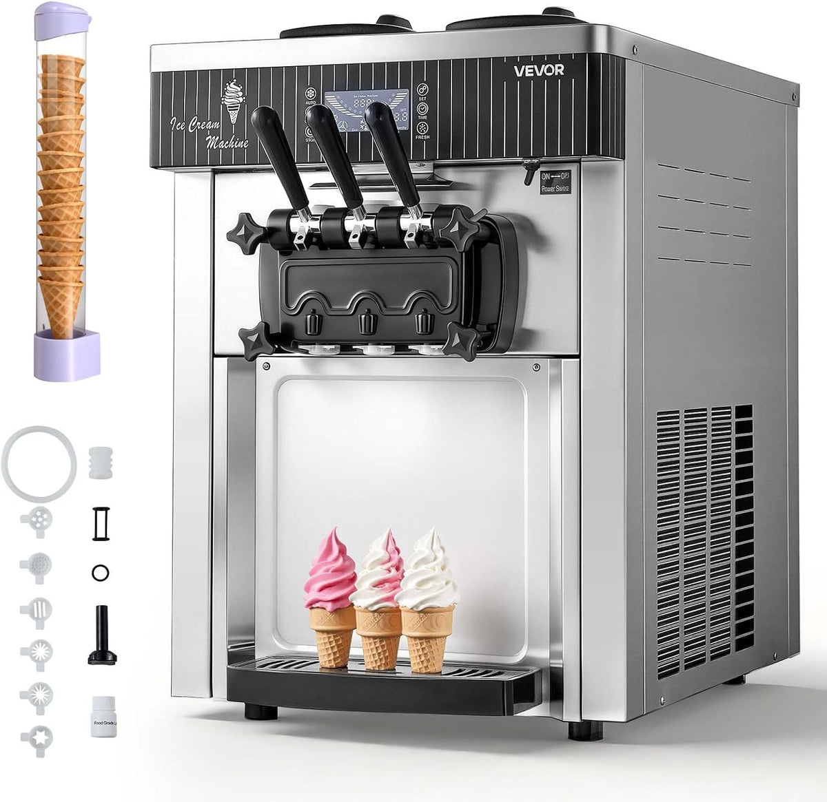 VEVOR, Máquina de gelados, Gewerbliche, 28 L/h, 2200 W, 6 L, com temporizador, com função de autolimpeza, aço inoxidável, aço, Prateado / Preto