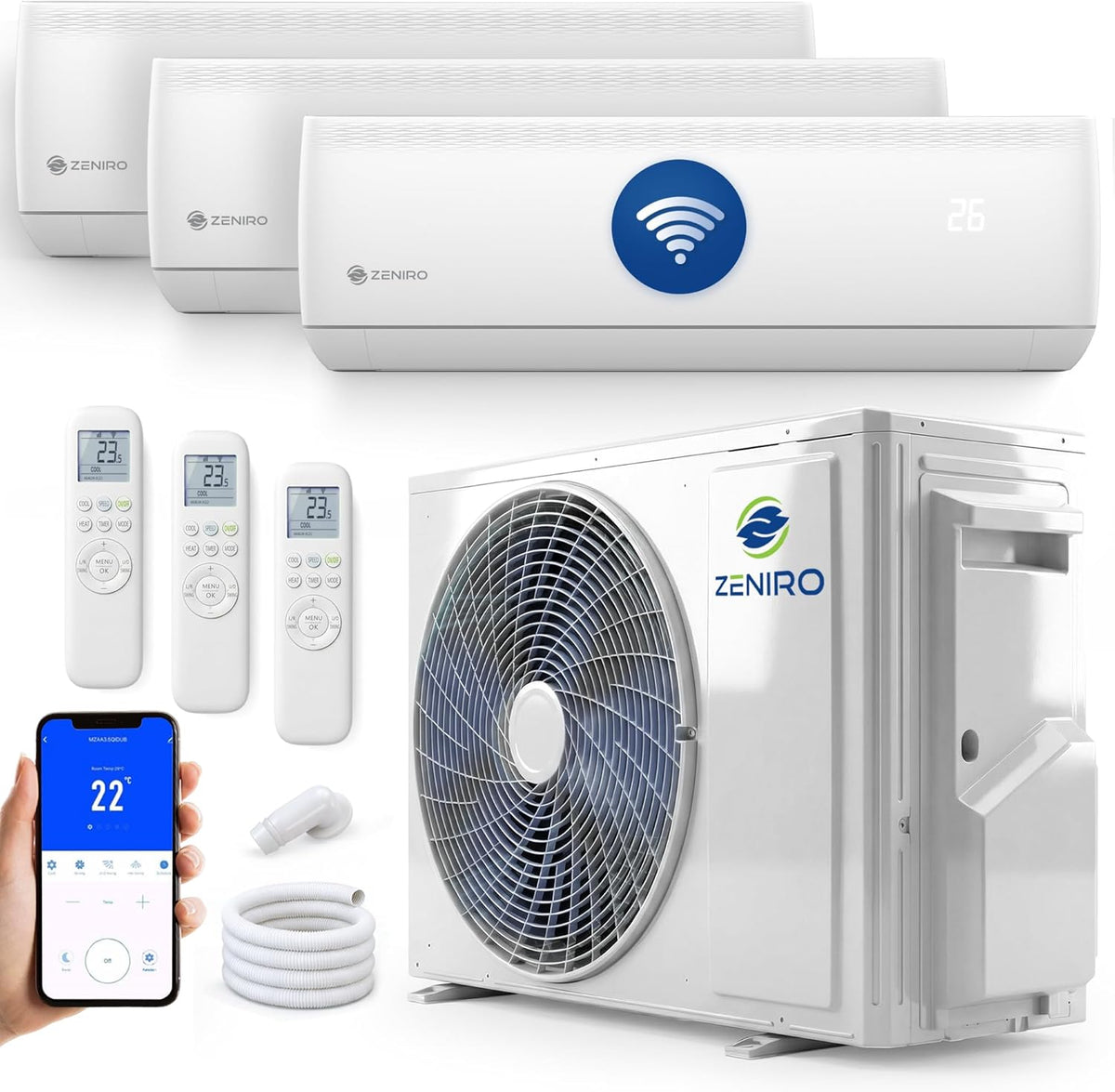 Ar condicionado split, Zeniro, 2,6kW, 6,2kW, com comando à distância, com controlo por aplicação, Branco, para uso diário