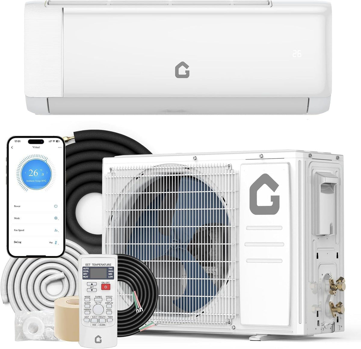 Ar condicionado split, GarveeHome, 12000, 230V, 32dB, com temporizador, com controlo por aplicação, Branco, para uso diário