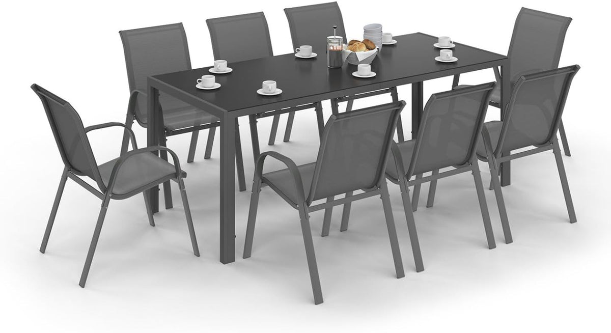 Equipamento de exterior, IDMarket, 190 cm, 8 cadeiras, aço, vidro, Cinzento, para jardim e exterior