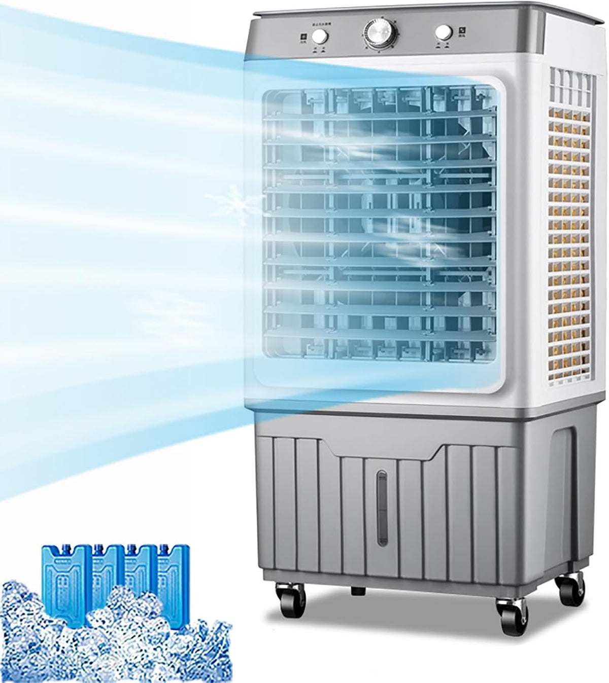 Climatizador evaporativo, Generisch, 45L, 60L, com comando à distância, com temporizador, Prateado / Branco, para uso diário