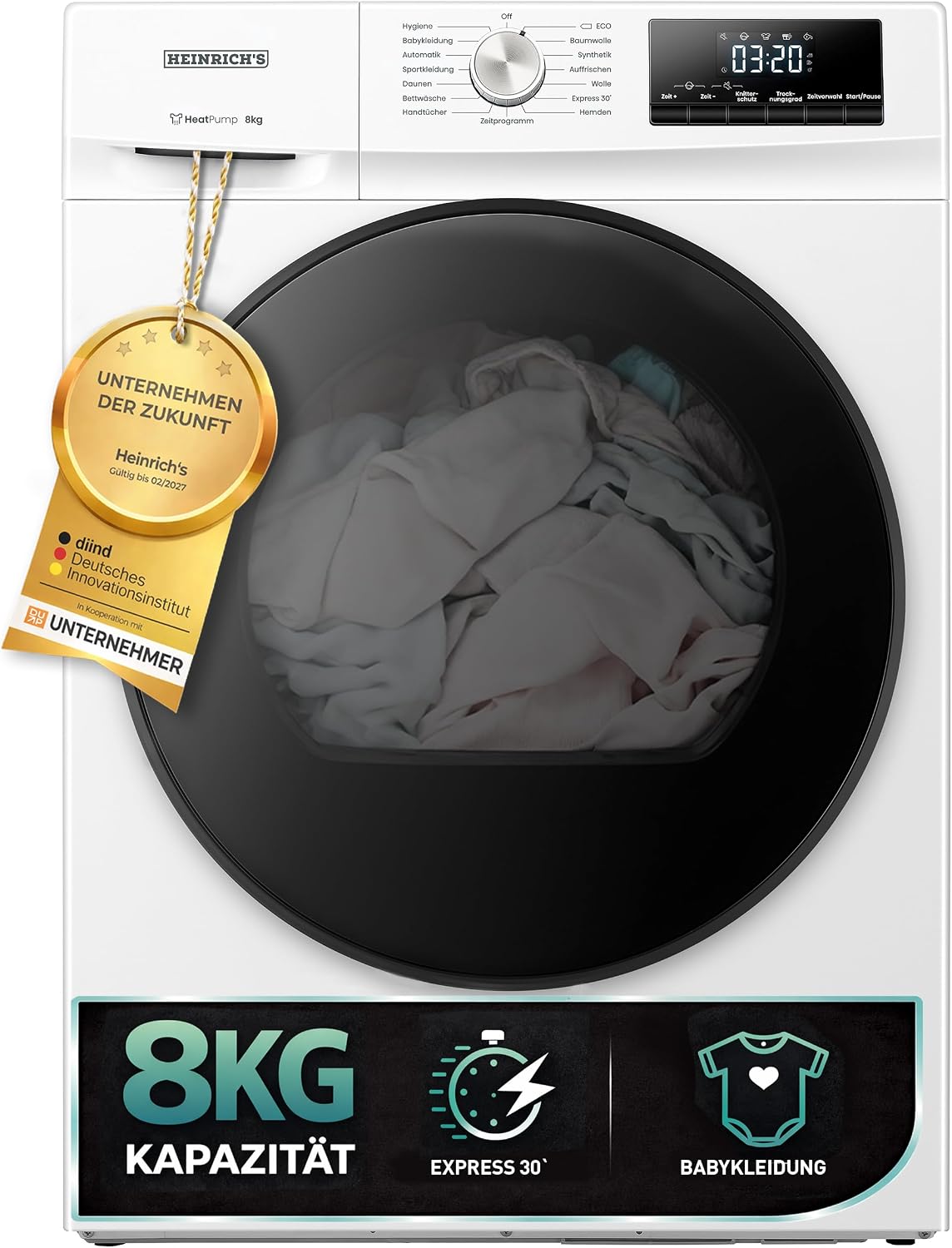 Máquina de secar roupa, Heinrich ́s, 8 kg, 15 programas, 600 W, aço inoxidável, aço, Branco / Preto, para uso diário
