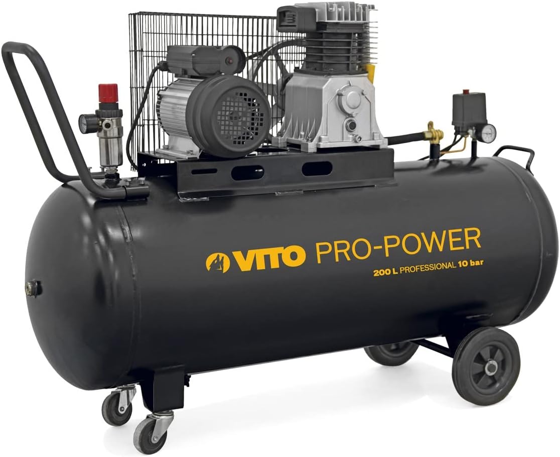 Compressor de ar, VITO, 200 l, 10 bar, 4 PS, 3 kW, com rodas, Preto, para trabalhos de manutenção