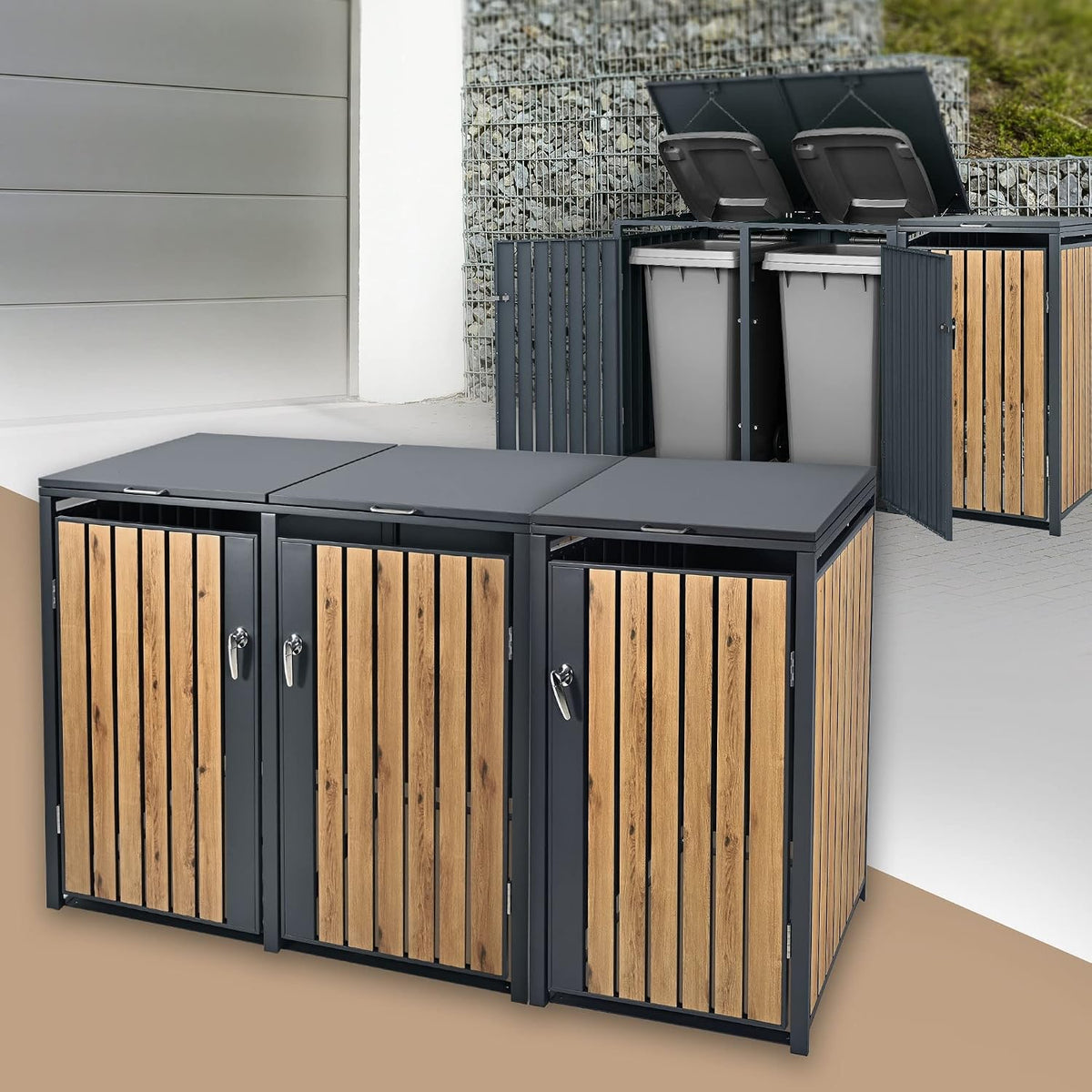 Abrigo para contentores, ML DESIGN modern living, 240L, 3 cm, 200 × 80 × 116,3 cm, aço inoxidável, aço, Antracite / Holzoptik