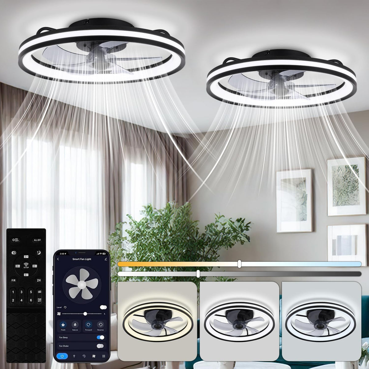 Ventoinha de teto com luz, Daromigo, Deckenventilator, 64W, 5 L, 18W, 6 níveis, com comando à distância, com temporizador, Preto / Branco