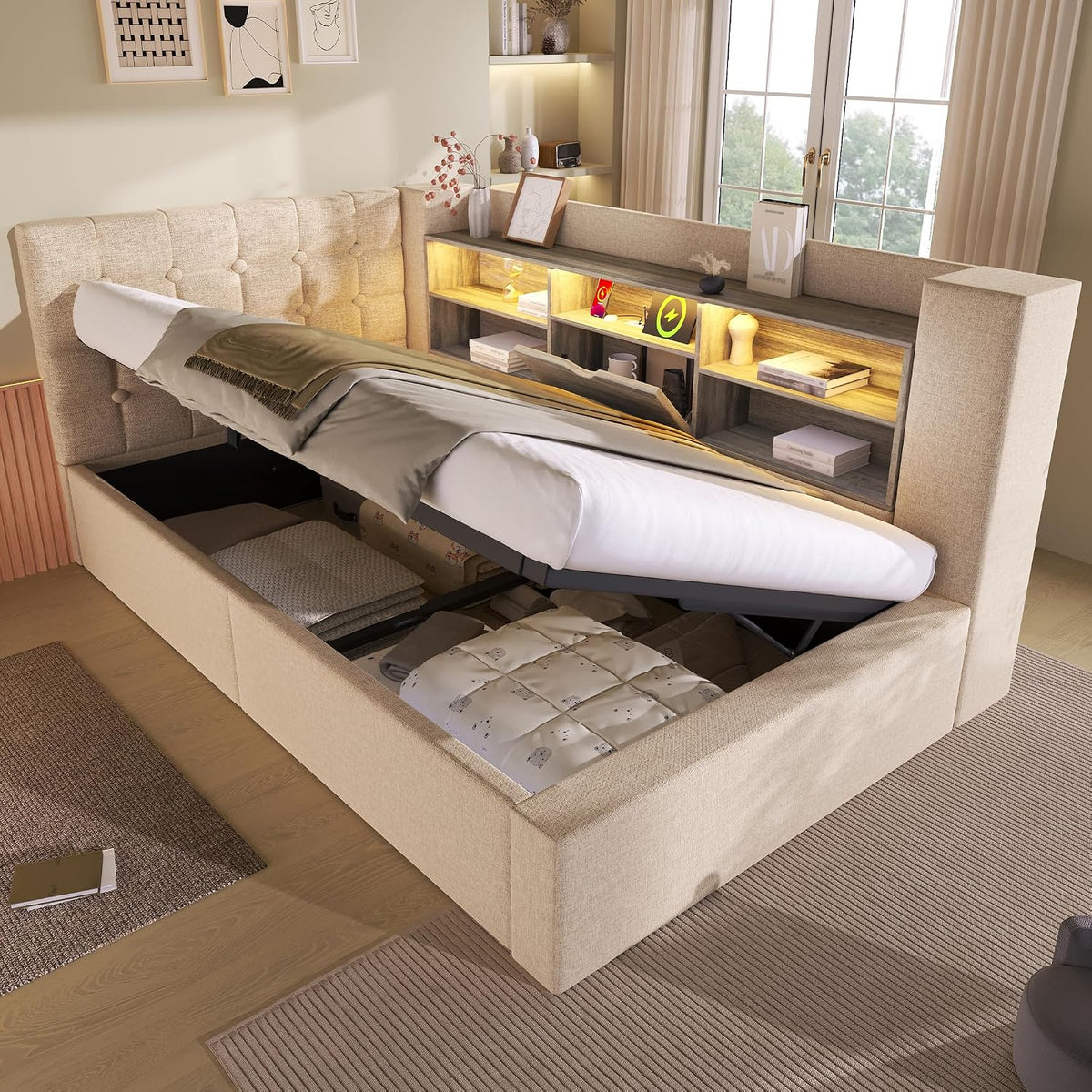 Cama, VIVCA, 90 × 190 cm, 200 cm, 140 × 200 cm, com comando à distância, com temporizador, com iluminação LED, aço, madeira, Bege, para o quarto