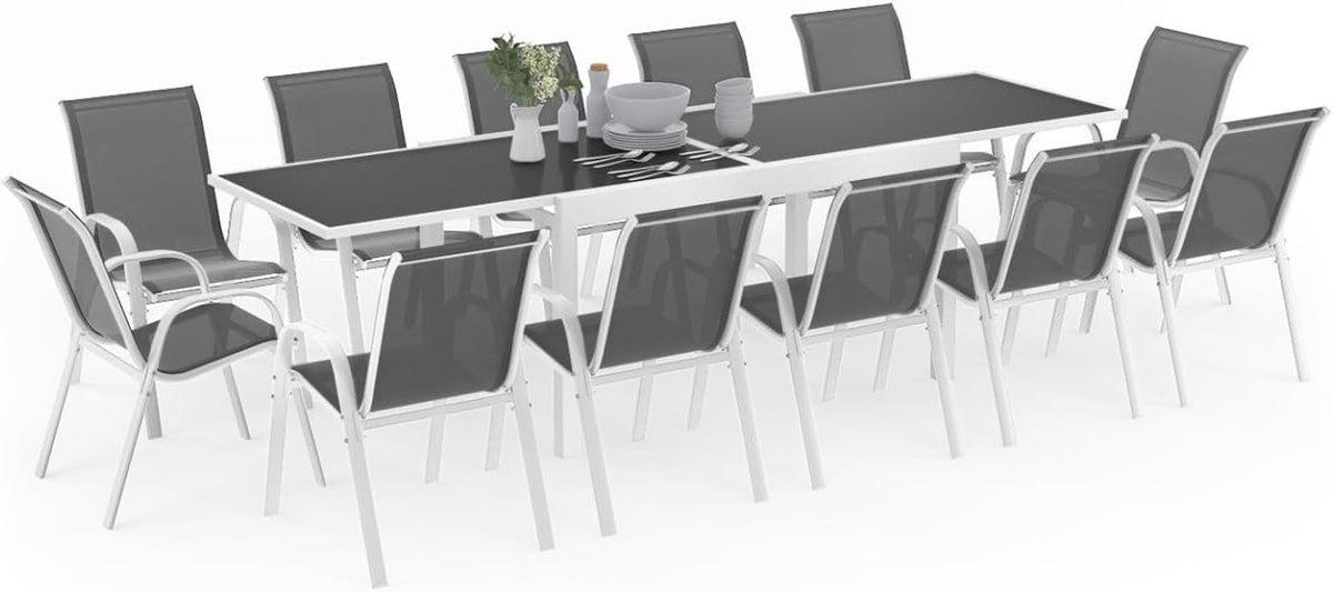 Mesa de jantar, IDMarket, 270 cm, 12 cadeiras, aço, alumínio, Branco, para uso diário