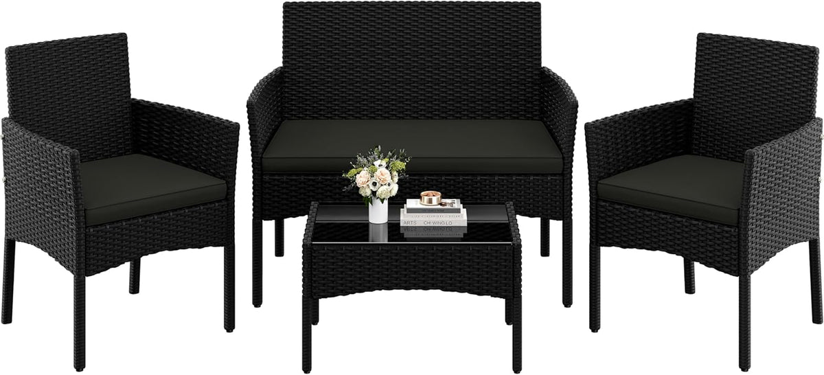 Conjunto de mobiliário de jardim, Yaheetech, 4-er, 4 cm, 180 g, regulável, com portas, ratã, poliéster, Preto, para utilização no exterior