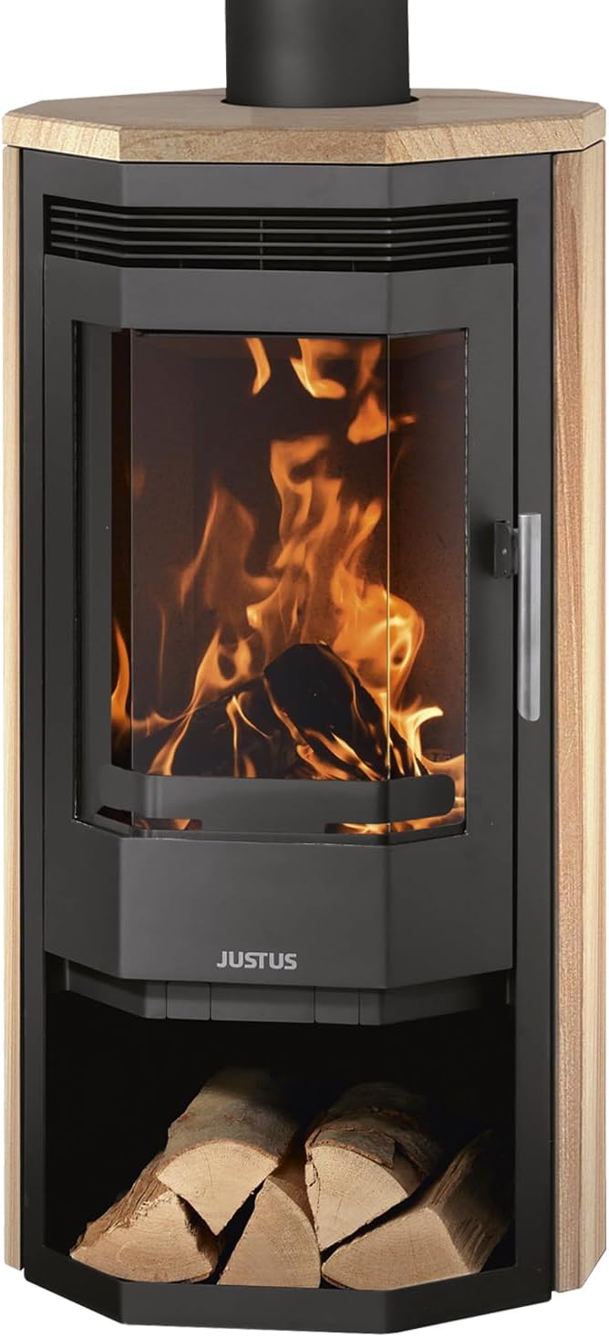 Salamandra, Justus, Usedom, 5,5 kW, aço, madeira, Preto / Sandstein, para uso diário